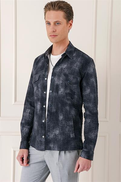 Comfort Fit Yan Cep Batik Desenli %100 Pamuk Çıtçıtlı Siyah Gömlek Ceket G 1568