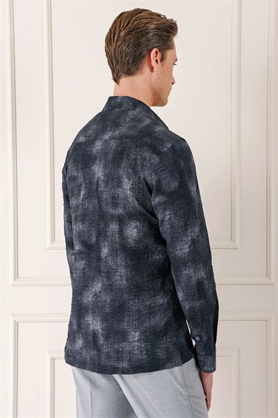 Comfort Fit Yan Cep Batik Desenli %100 Pamuk Çıtçıtlı Siyah Gömlek Ceket G 1568