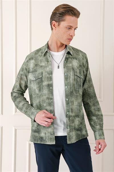 Comfort Fit Yan Cep Batik Desenli %100 Pamuk Çıtçıtlı Haki Gömlek Ceket G 1568