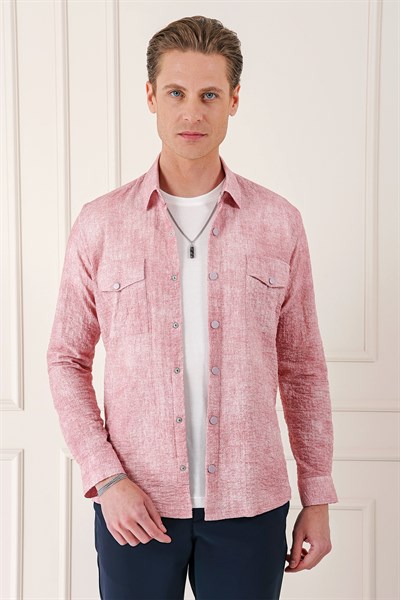 Comfort Fit Yan Cep Batik Desenli %100 Pamuk Çıtçıtlı Pudra Gömlek Ceket G 1568