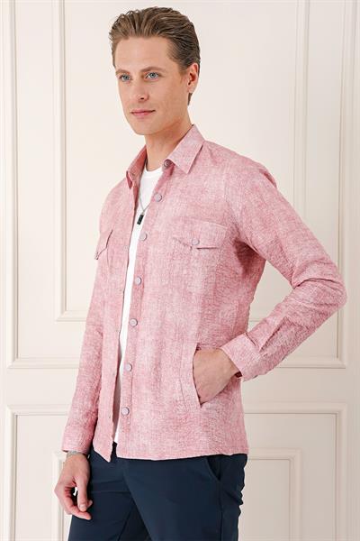 Comfort Fit Yan Cep Batik Desenli %100 Pamuk Çıtçıtlı Pudra Gömlek Ceket G 1568