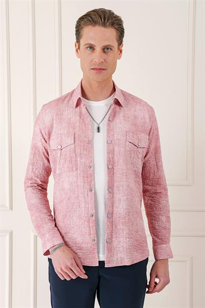 Comfort Fit Yan Cep Batik Desenli %100 Pamuk Çıtçıtlı Pudra Gömlek Ceket G 1568