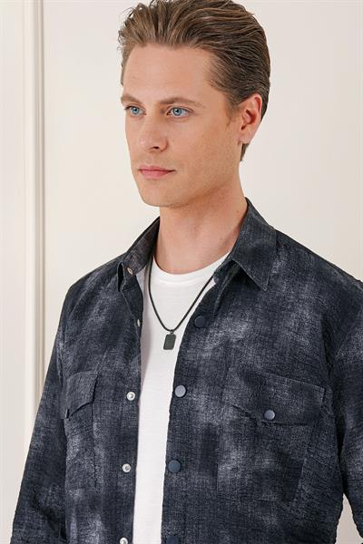 Comfort Fit Yan Cep Batik Desenli %100 Pamuk Çıtçıtlı Siyah Gömlek Ceket G 1568