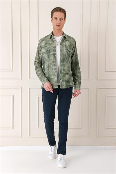 Comfort Fit Yan Cep Batik Desenli %100 Pamuk Çıtçıtlı Haki Gömlek Ceket G 1568