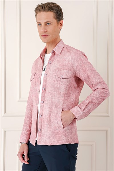Comfort Fit Yan Cep Batik Desenli %100 Pamuk Çıtçıtlı Pudra Gömlek Ceket G 1568