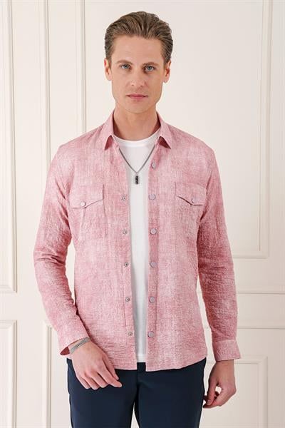 Comfort Fit Yan Cep Batik Desenli %100 Pamuk Çıtçıtlı Pudra Gömlek Ceket G 1568
