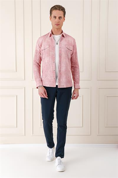 Comfort Fit Yan Cep Batik Desenli %100 Pamuk Çıtçıtlı Pudra Gömlek Ceket G 1568