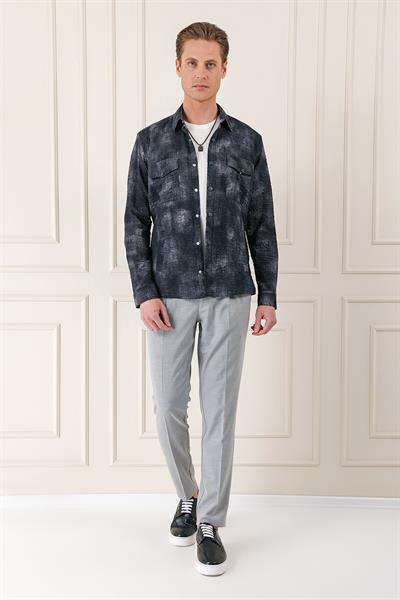 Comfort Fit Yan Cep Batik Desenli %100 Pamuk Çıtçıtlı Siyah Gömlek Ceket G 1568