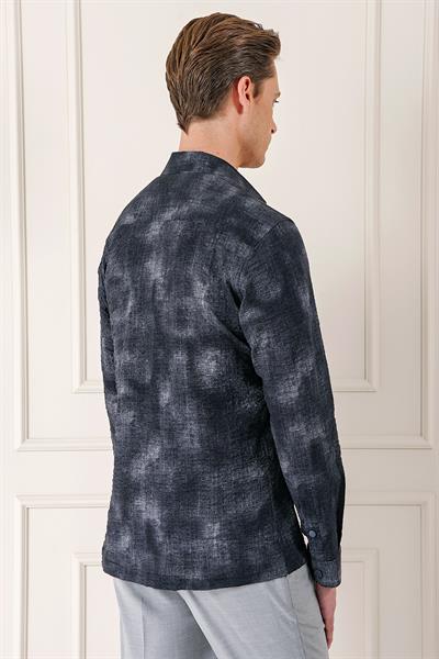 Comfort Fit Yan Cep Batik Desenli %100 Pamuk Çıtçıtlı Siyah Gömlek Ceket G 1568