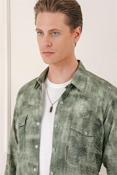 Comfort Fit Yan Cep Batik Desenli %100 Pamuk Çıtçıtlı Haki Gömlek Ceket G 1568