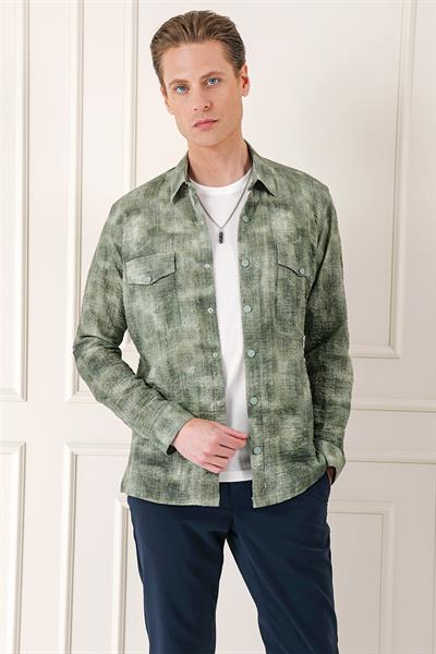 Comfort Fit Yan Cep Batik Desenli %100 Pamuk Çıtçıtlı Haki Gömlek Ceket G 1568