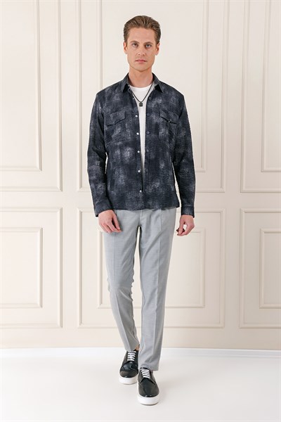 Comfort Fit Yan Cep Batik Desenli %100 Pamuk Çıtçıtlı Siyah Gömlek Ceket G 1568