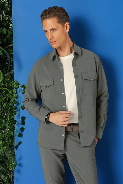 Comfort Fit Yan Cep Çıtçıtlı Esnek Pamuk Nefti Gömlek Ceket G 1565