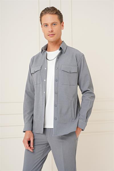 Comfort Fit Yan Cep Çıtçıtlı Esnek Pamuk Gri Gömlek Ceket G 1565
