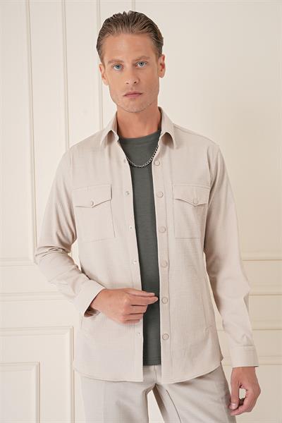 Comfort Fit Yan Cep Çıtçıtlı Esnek Pamuk Koyu Bej Gömlek Ceket G 1565