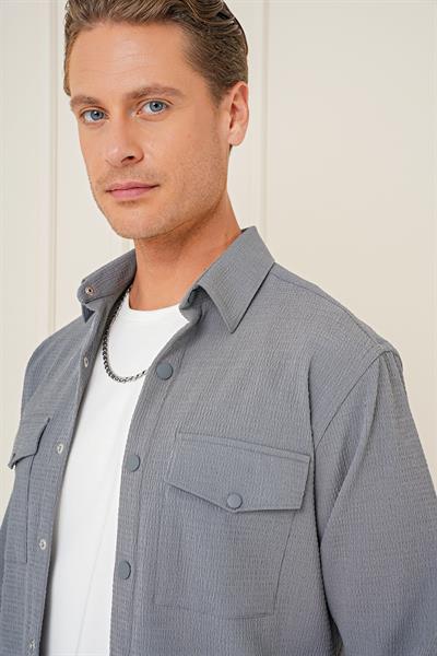Comfort Fit Yan Cep Çıtçıtlı Esnek Pamuk Gri Gömlek Ceket G 1565