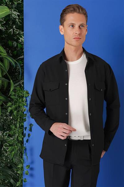 Comfort Fit Yan Cep Çıtçıtlı Esnek Pamuk Siyah Gömlek Ceket G 1565