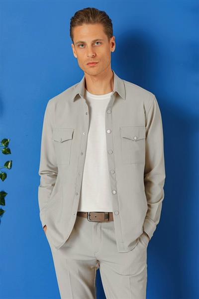 Comfort Fit Yan Cep Çıtçıtlı Esnek Pamuk Taş Gömlek Ceket G 1565