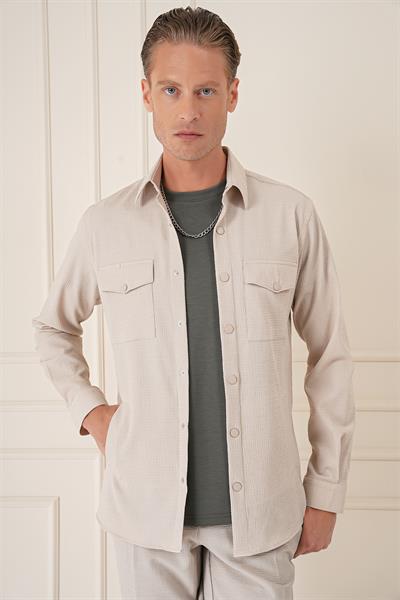 Comfort Fit Yan Cep Çıtçıtlı Esnek Pamuk Koyu Bej Gömlek Ceket G 1565