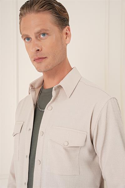 Comfort Fit Yan Cep Çıtçıtlı Esnek Pamuk Koyu Bej Gömlek Ceket G 1565