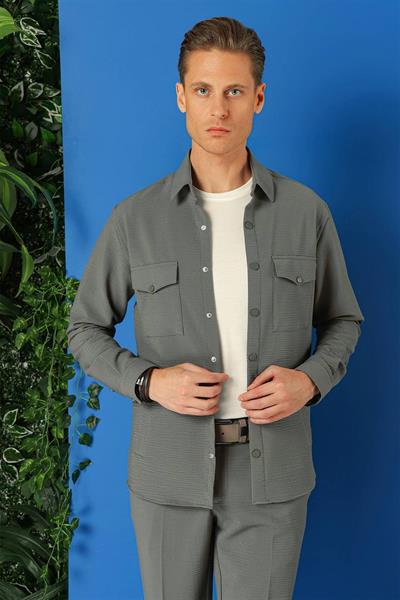 Comfort Fit Yan Cep Çıtçıtlı Esnek Pamuk Nefti Gömlek Ceket G 1565