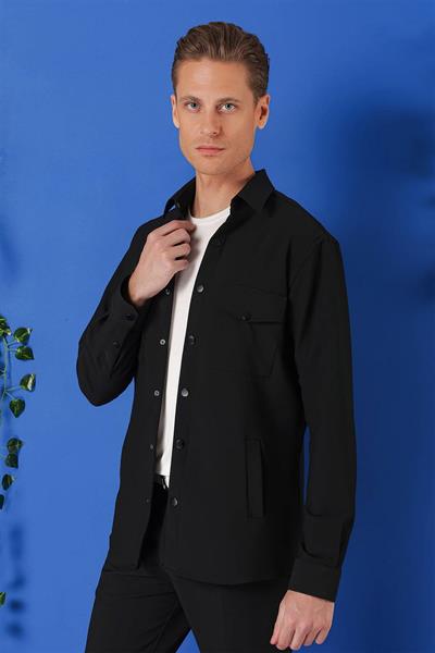 Comfort Fit Yan Cep Çıtçıtlı Esnek Pamuk Siyah Gömlek Ceket G 1565