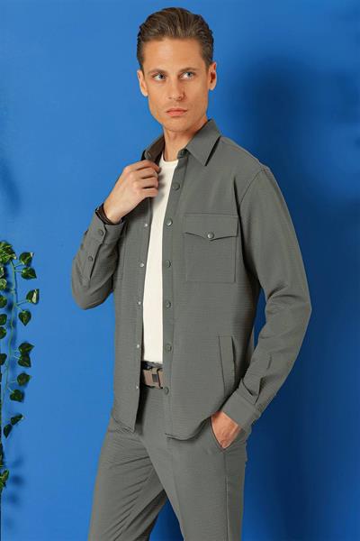 Comfort Fit Yan Cep Çıtçıtlı Esnek Pamuk Nefti Gömlek Ceket G 1565