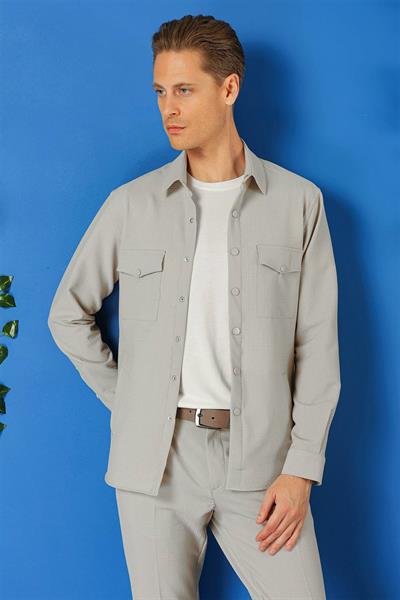 Comfort Fit Yan Cep Çıtçıtlı Esnek Pamuk Taş Gömlek Ceket G 1565