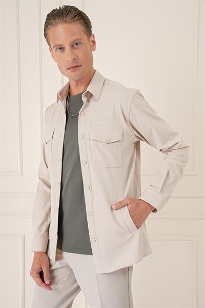 Comfort Fit Yan Cep Çıtçıtlı Esnek Pamuk Koyu Bej Gömlek Ceket G 1565