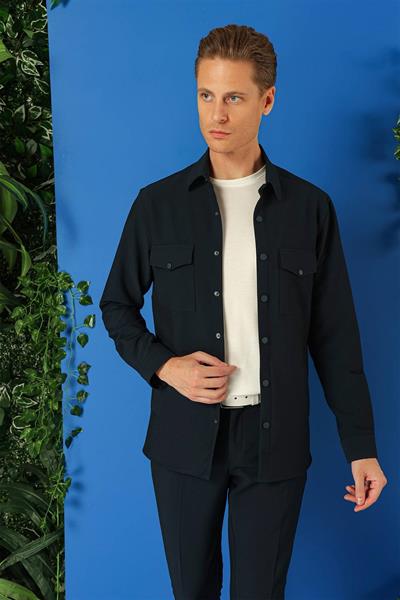 Comfort Fit Yan Cep Çıtçıtlı Esnek Pamuk Lacivert Gömlek Ceket G 1565