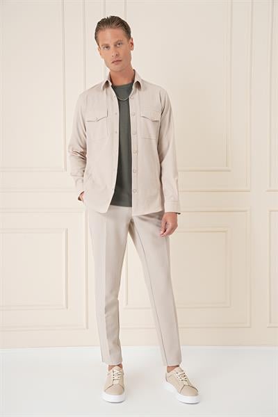 Comfort Fit Yan Cep Çıtçıtlı Esnek Pamuk Koyu Bej Gömlek Ceket G 1565