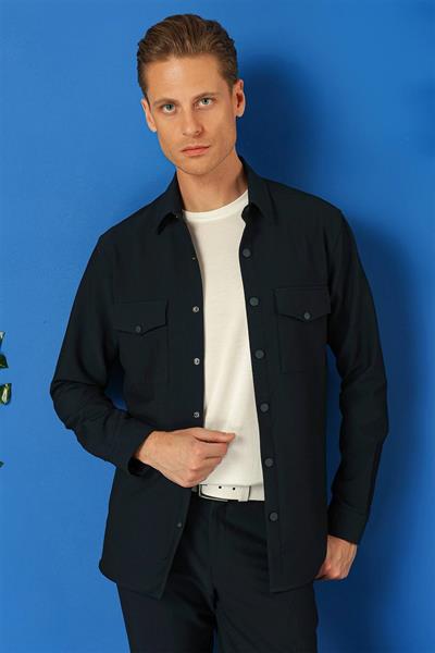 Comfort Fit Yan Cep Çıtçıtlı Esnek Pamuk Lacivert Gömlek Ceket G 1565