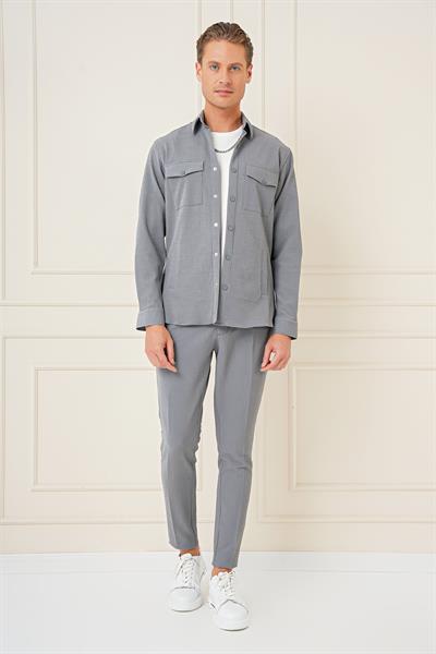 Comfort Fit Yan Cep Çıtçıtlı Esnek Pamuk Gri Gömlek Ceket G 1565