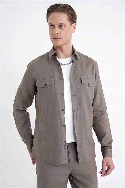 Comfort Fit Yan Cepli %100 Keten Haki Gömlek Ceket G 1602