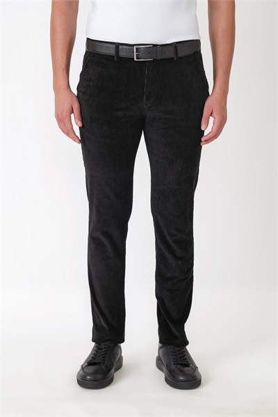Comfort Fit Yan Cepli Dikine Fitilli Esnek Siyah Kadife Pantolon P 1235