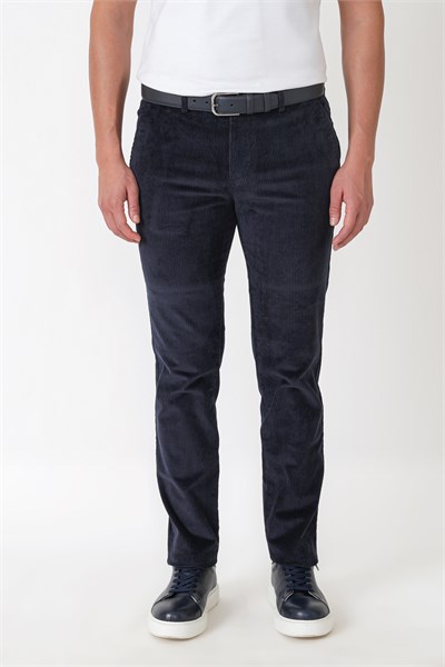 Comfort Fit Yan Cepli Dikine Fitilli Esnek Lacivert Kadife Pantolon P 1235