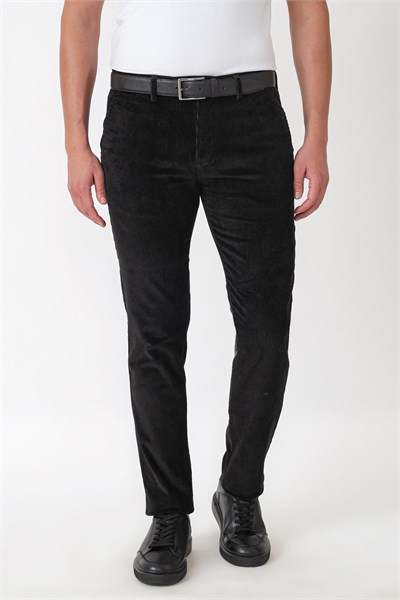 Comfort Fit Yan Cepli Dikine Fitilli Esnek Siyah Kadife Pantolon P 1235