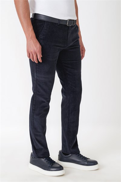 Comfort Fit Yan Cepli Dikine Fitilli Esnek Lacivert Kadife Pantolon P 1235