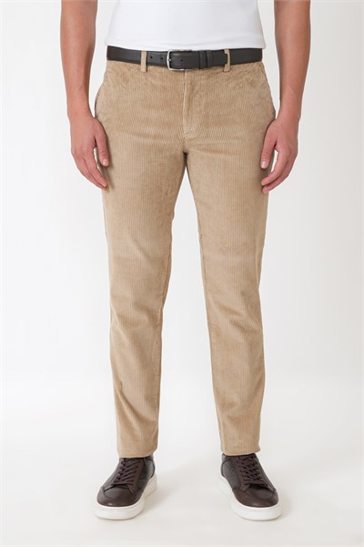 Comfort Fit Yan Cepli Dikine Fitilli Esnek Bej Kadife Pantolon P 1235