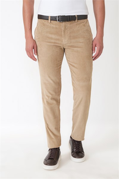 Comfort Fit Yan Cepli Dikine Fitilli Esnek Bej Kadife Pantolon P 1235