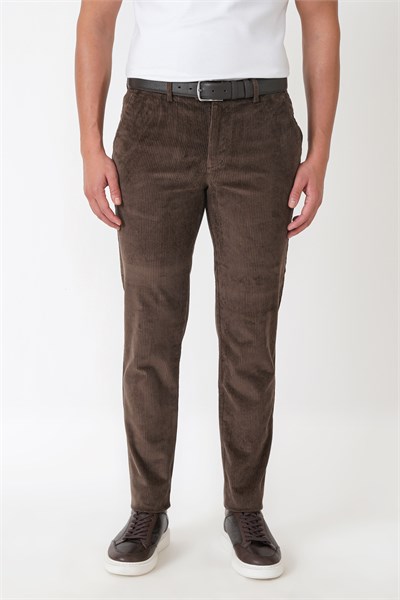 Comfort Fit Yan Cepli Dikine Fitilli Esnek Kahverengi Kadife Pantolon P 1235