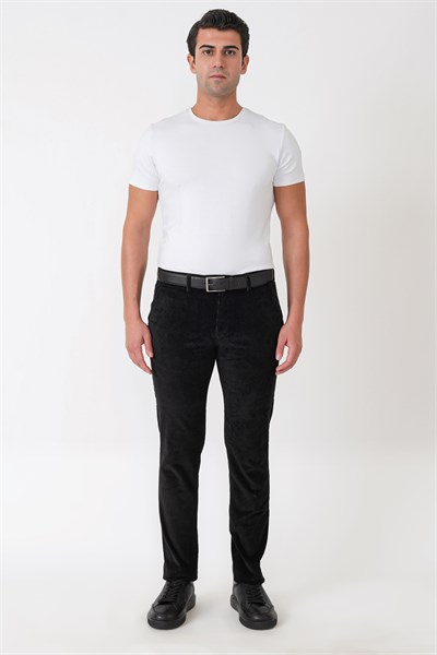 Comfort Fit Yan Cepli Dikine Fitilli Esnek Siyah Kadife Pantolon P 1235