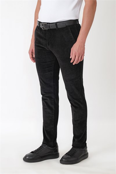 Comfort Fit Yan Cepli Dikine Fitilli Esnek Siyah Kadife Pantolon P 1235