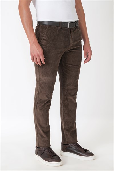 Comfort Fit Yan Cepli Dikine Fitilli Esnek Kahverengi Kadife Pantolon P 1235
