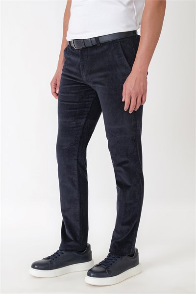 Comfort Fit Yan Cepli Dikine Fitilli Esnek Lacivert Kadife Pantolon P 1235