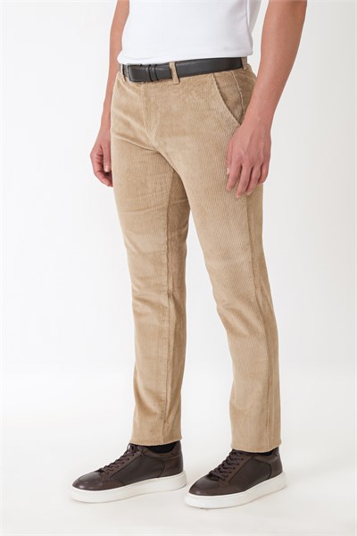 Comfort Fit Yan Cepli Dikine Fitilli Esnek Bej Kadife Pantolon P 1235