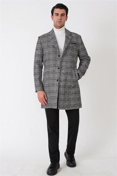 Comfort Fit Yan Cepli Düğmeli Ekose Desenli Yünlü Siyah Palto PLT 091
