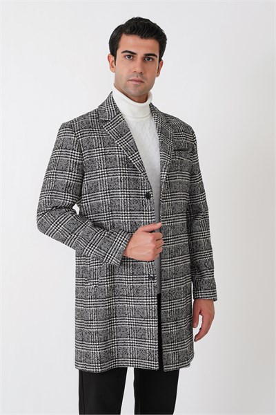Comfort Fit Yan Cepli Düğmeli Ekose Desenli Yünlü Siyah Palto PLT 091