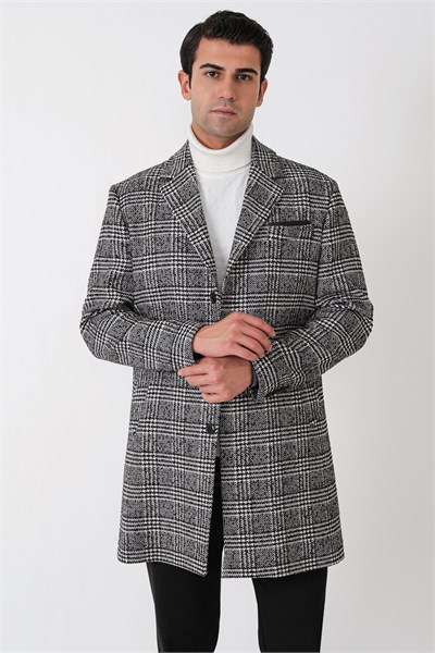 Comfort Fit Yan Cepli Düğmeli Ekose Desenli Yünlü Siyah Palto PLT 091