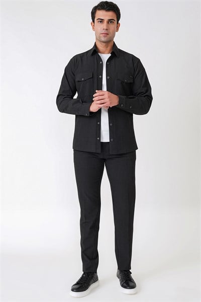Comfort Fit Yan Cepli Esnek İnce Çizgili Koyu Siyah Gömlek Ceket G 1608